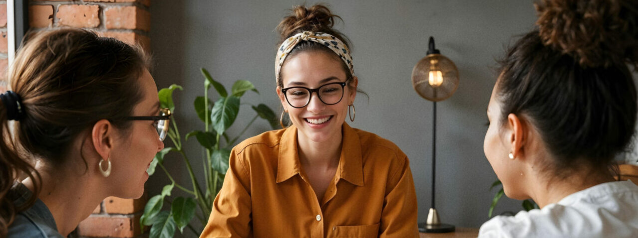 Women discussing a project in a light filled, stylish room.