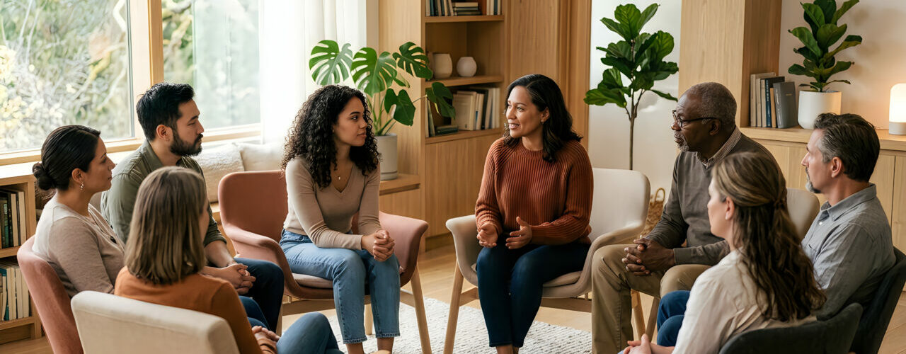 Group discussion meeting in modern bright living room with diverse professionals